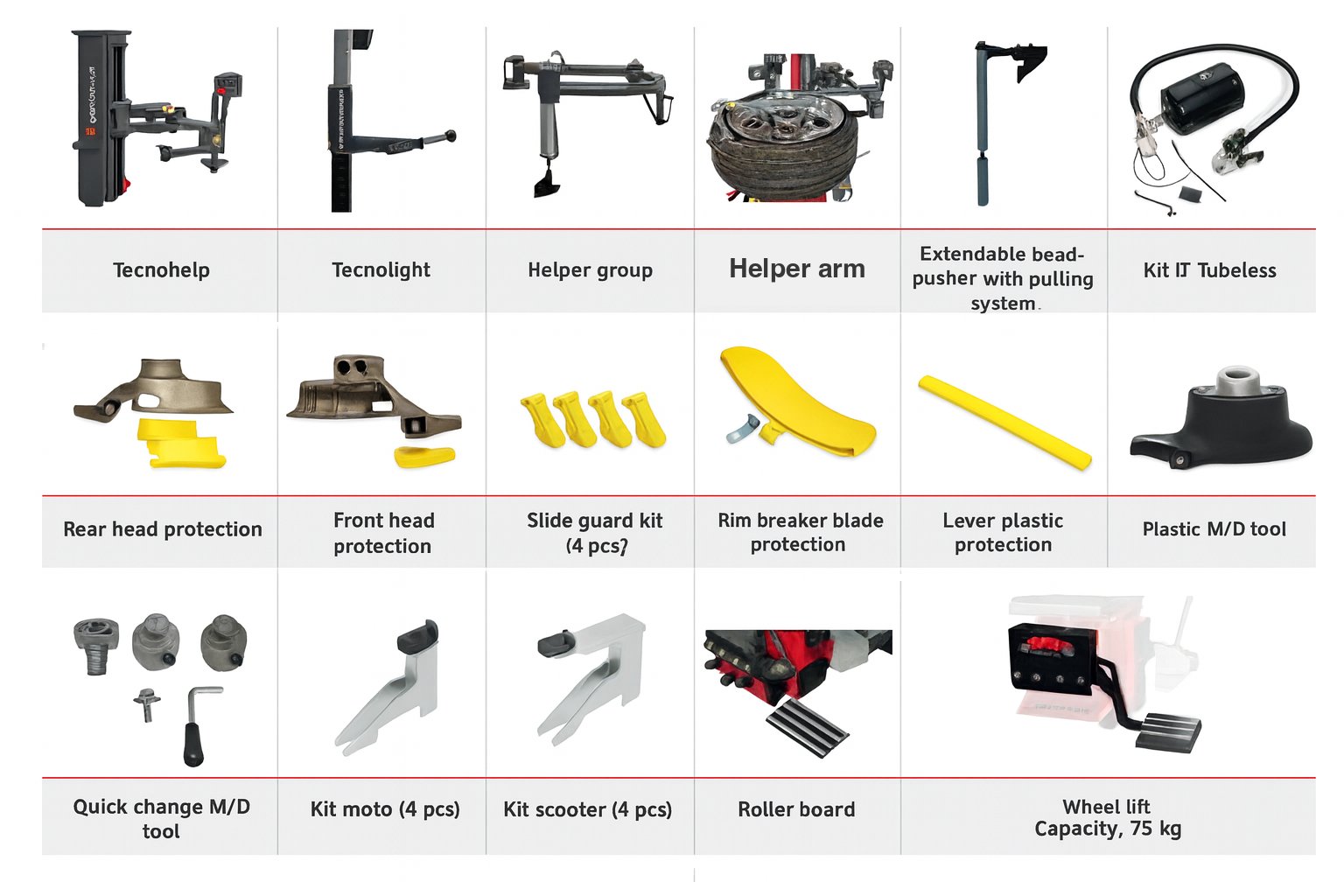 Accessori opzionali per smontagomme M&B Engineering: helper, protezioni, kit moto e scooter, sollevatore ruote